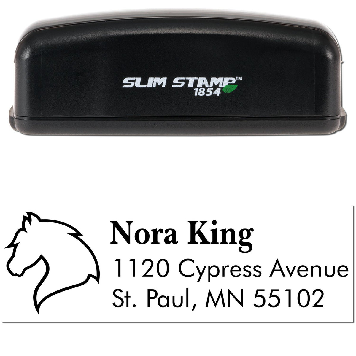 Black Slim Stamp 1854 self-inking stamp and custom horse-head address seal for Nora King, St. Paul, MN
