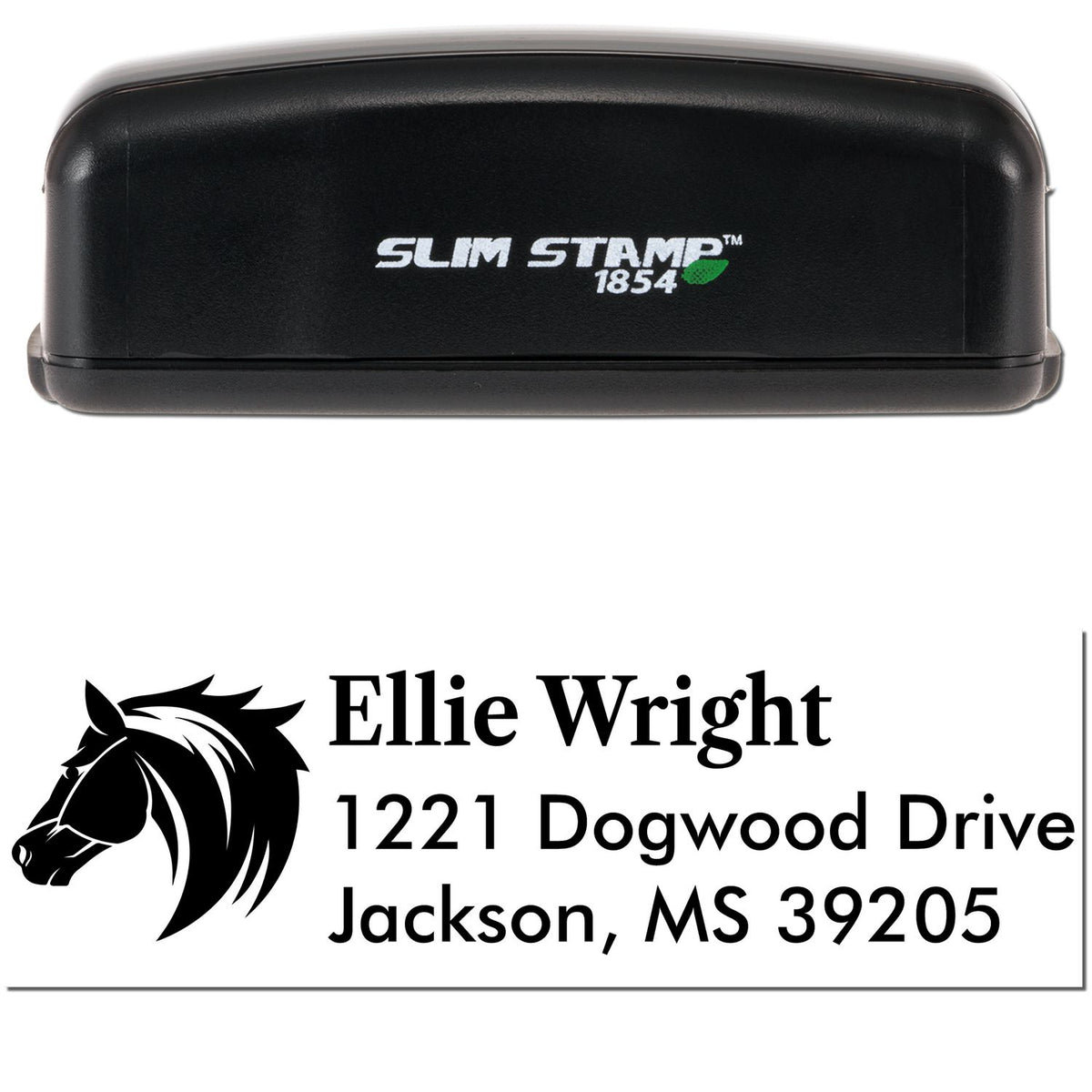 Black Slim Stamp 1854 custom address stamp and seal with horse logo, Ellie Wright, 1221 Dogwood Drive, Jackson, MS 39205