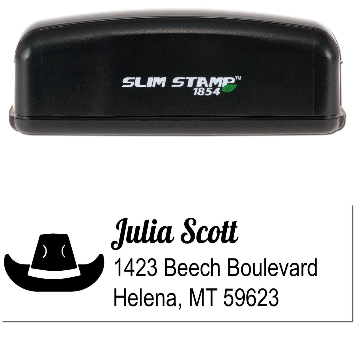 Black Slim Stamp 1854 custom address stamp and seal with hat logo, Julia Scott, Helena, MT 59623