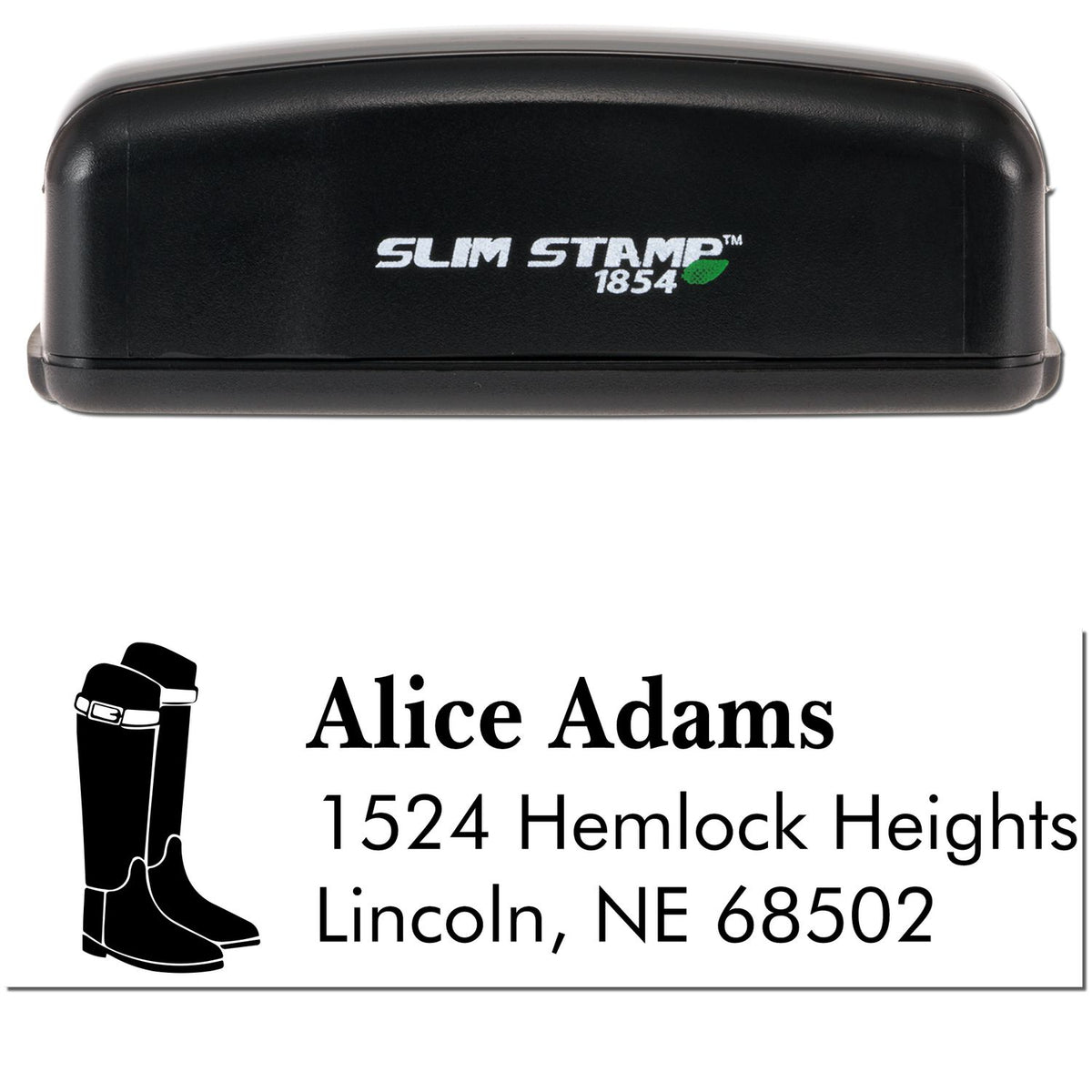 Black Slim Stamp 1854 self-inking stamp and seal with boots logo, Alice Adams, Lincoln, NE 68502.
