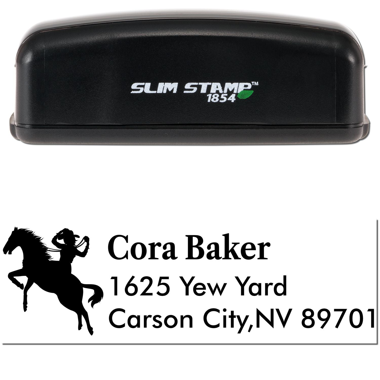 Black Slim Stamp 1854 self-inking stamp and seal with horse logo, white lettering, and Cora Baker address