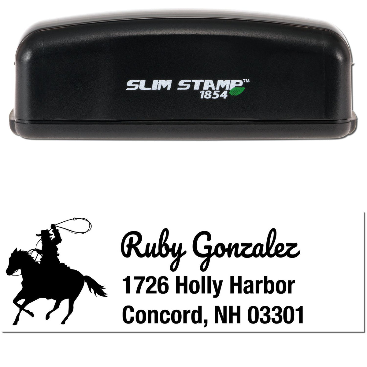 Black Slim Stamp 1854 self-inking stamp with custom cowboy rider seal, Ruby Gonzalez name, and Concord, NH address