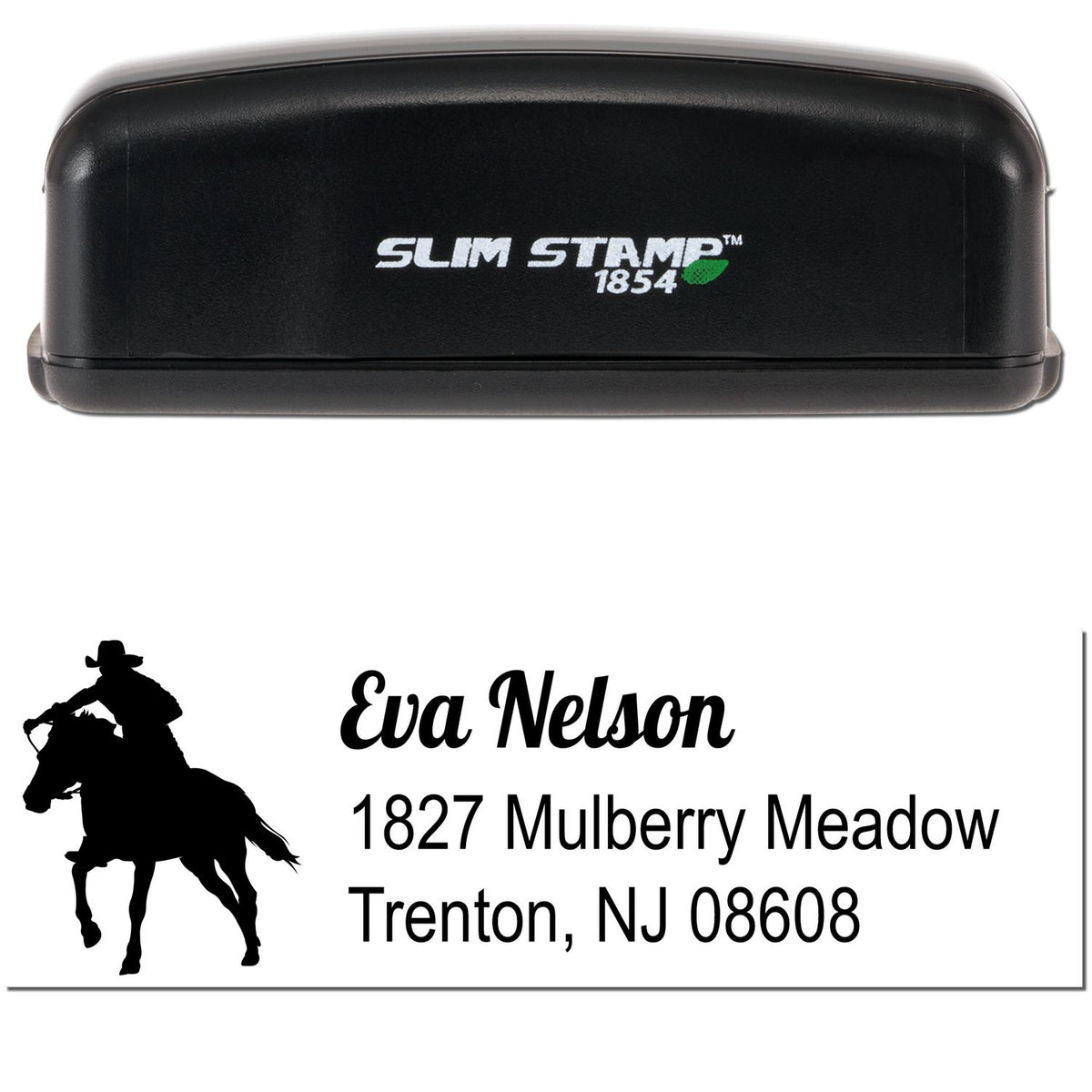 Black Slim Stamp 1854 self-inking stamp with white custom seal imprint, horse rider silhouette, and Eva Nelson address.