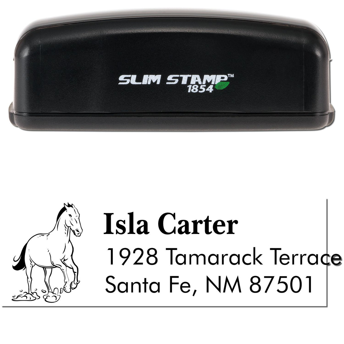 Black Slim Stamp 1854 custom address stamp with horse graphic, white print, and Isla Carter Santa Fe NM text.