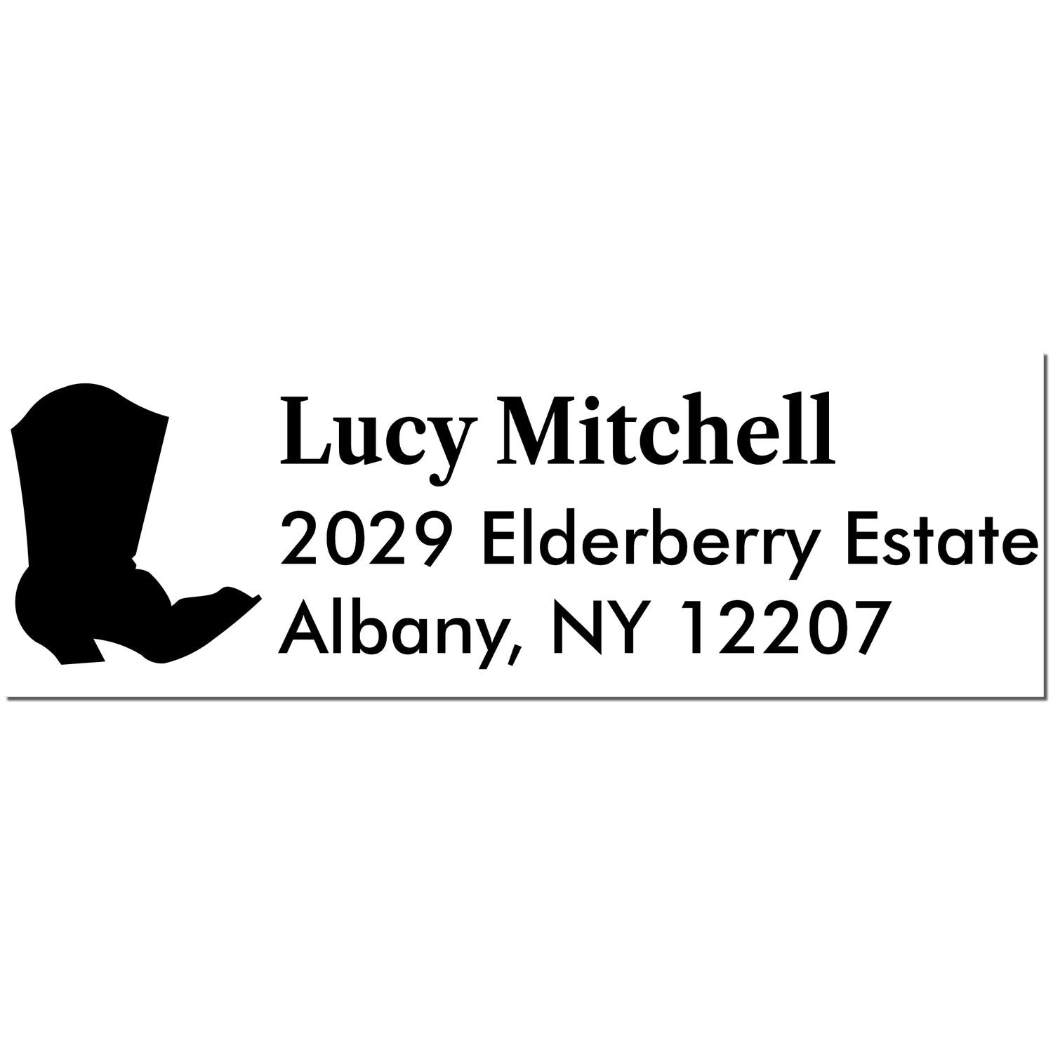 Black custom stamp and seal with Lucy Mitchell, 2029 Elderberry Estate, Albany, NY 12207 in bold black text.