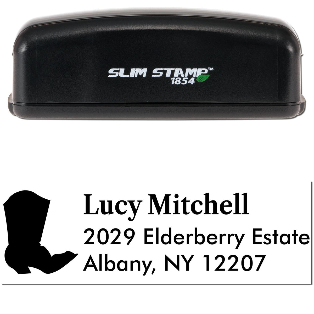 Black Slim Stamp 1854 custom address stamp with seal icon, white text for Lucy Mitchell, Albany, NY 12207