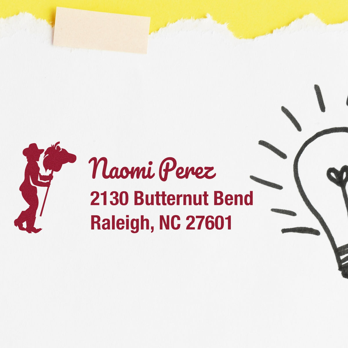 Red custom stamp and seal for Naomi Perez, with golfer silhouette, address text, and yellow-bordered white paper.