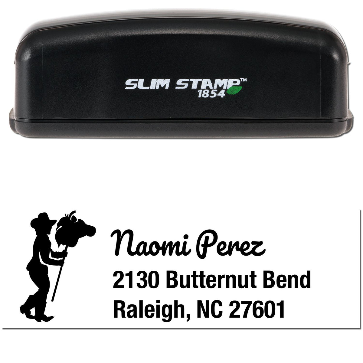 Black Slim Stamp 1854 custom address stamp with Naomi Perez name, Raleigh address, and silhouette seal design.