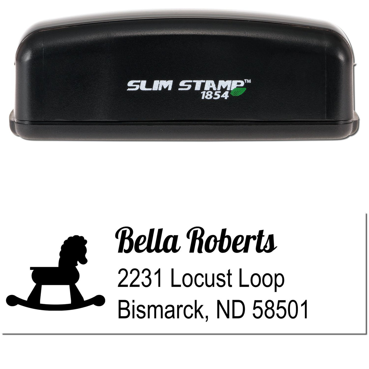 Black Slim Stamp 1854 self-inking address stamp and seal with Bella Roberts, Bismarck ND, and rocking horse logo.