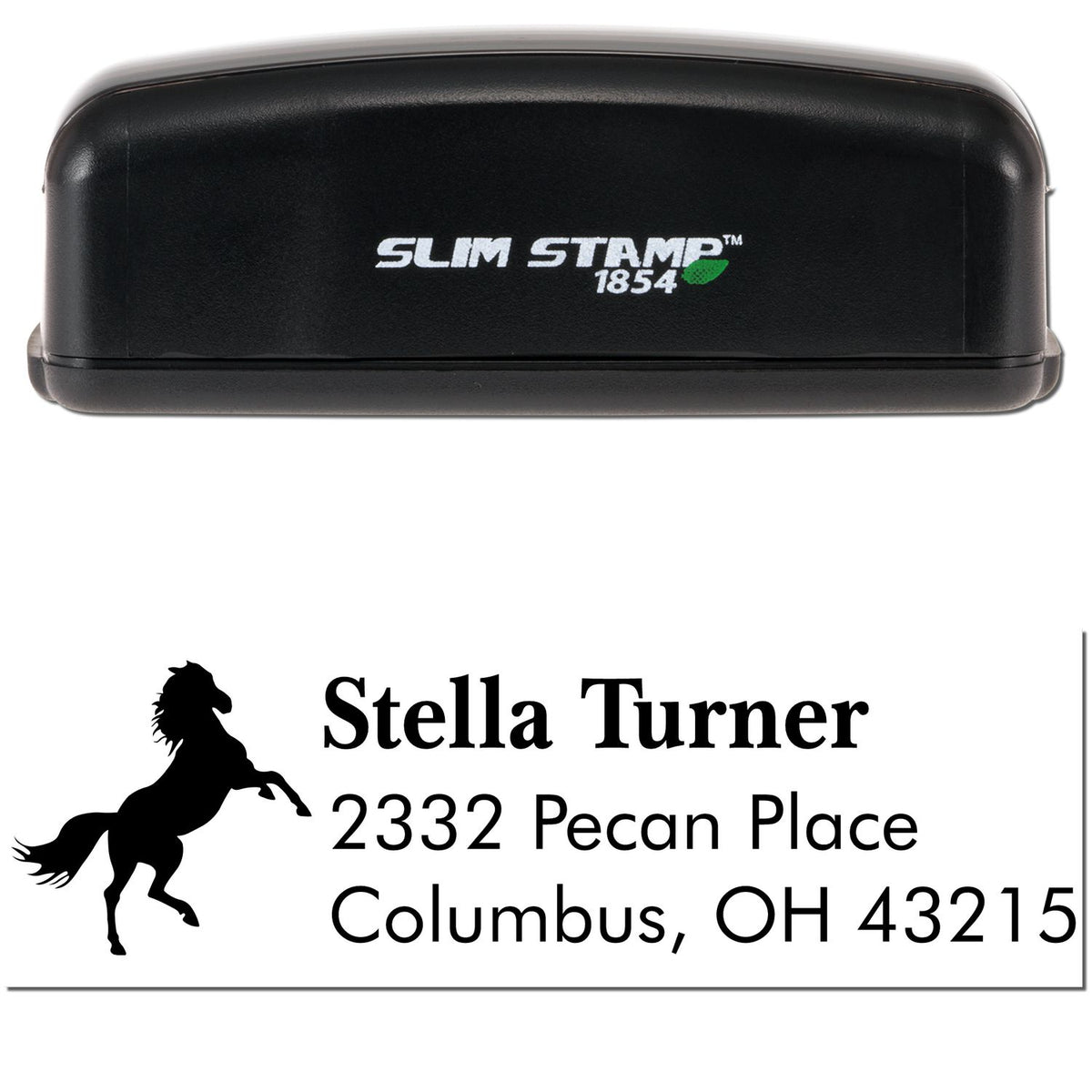 Black Slim Stamp 1854 self-inking address stamp and seal with horse silhouette, Stella Turner, Columbus OH.