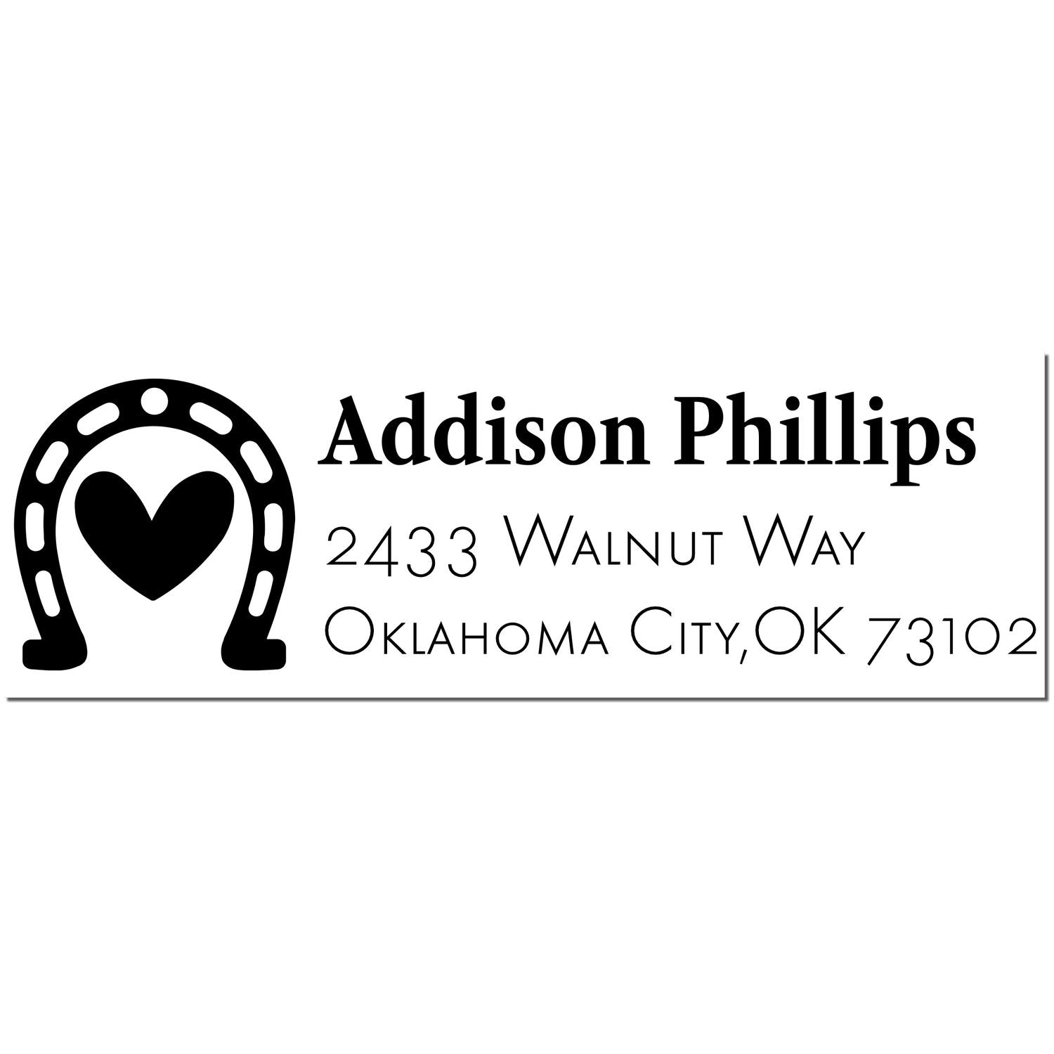 Black custom address stamp with horseshoe heart seal, Addison Phillips, 2433 Walnut Way, Oklahoma City, OK 73102