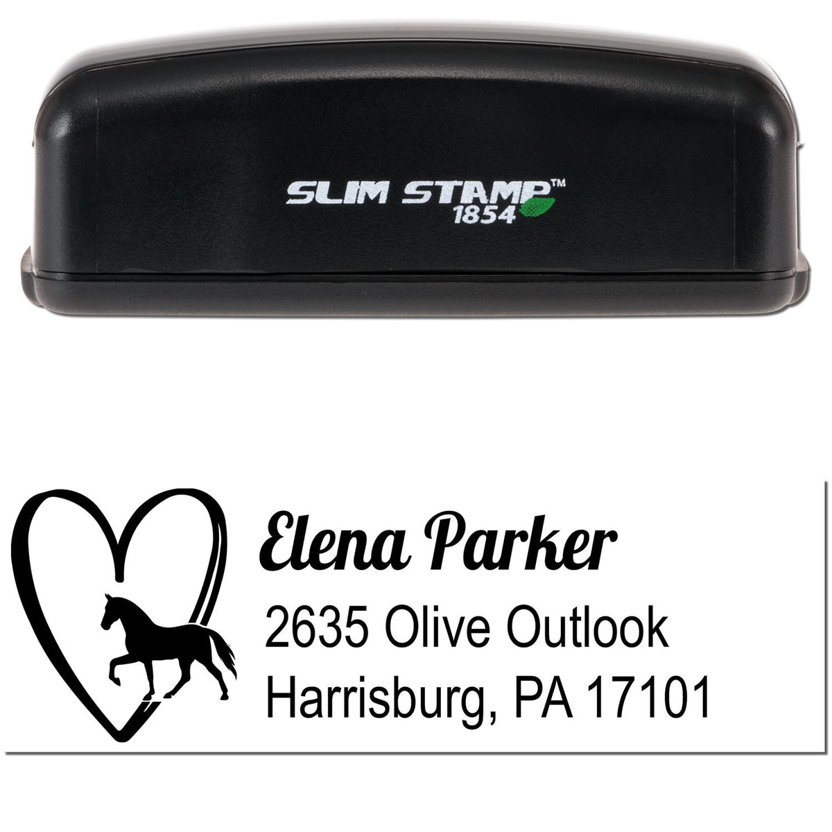 Black Slim Stamp 1854 custom stamp and seal with heart and horse logo, black name and address for Elena Parker.