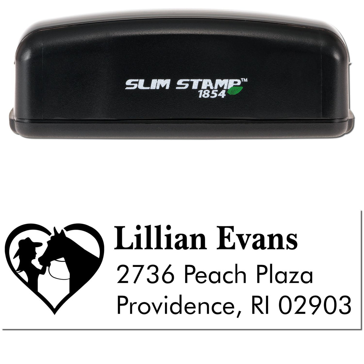 Black Slim Stamp 1854 self-inking stamp with custom heart logo, Lillian Evans name, and Providence, RI address seal.