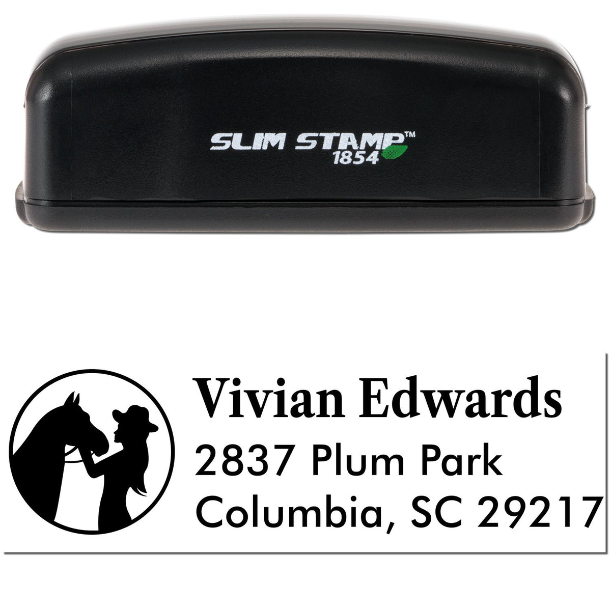 Black Slim Stamp 1854 self-inking stamp with horse-and-rider seal and Vivian Edwards address in black text.