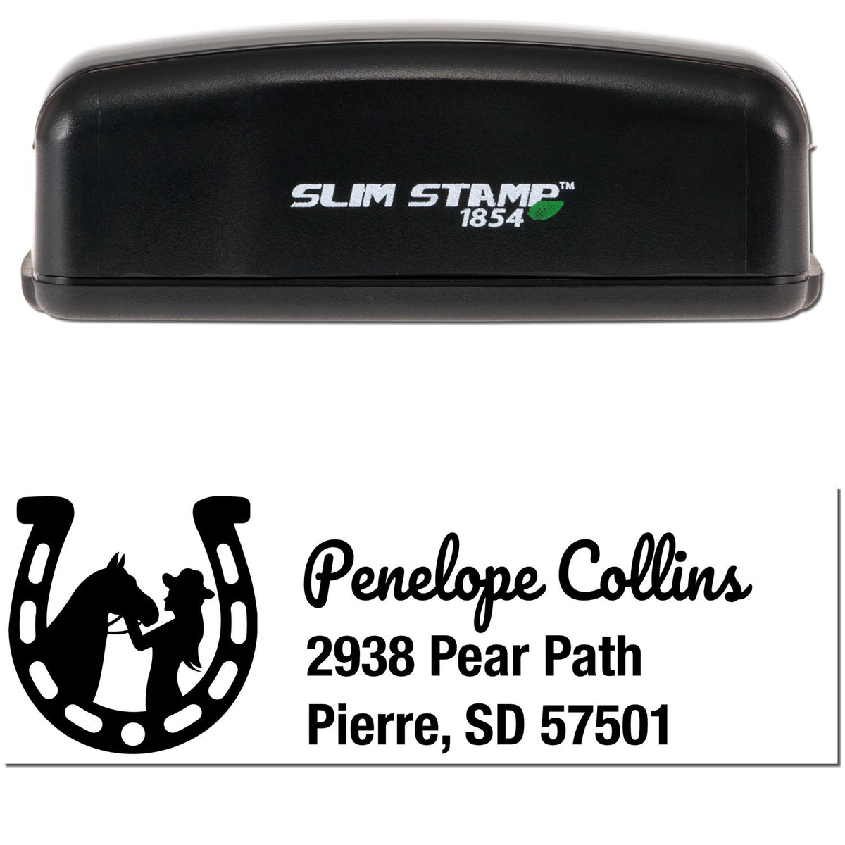 Black Slim Stamp 1854 return address seal, black with white text and horseshoe horse-and-rider graphic for Penelope Collins, Pierre, SD.