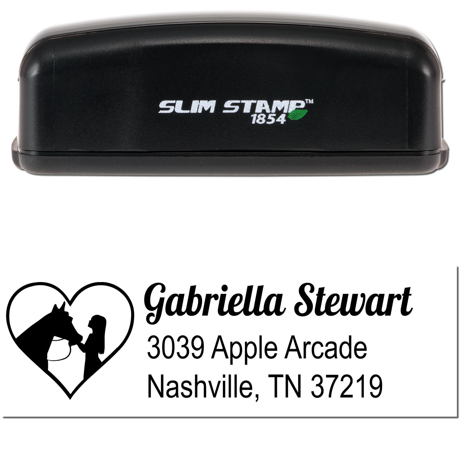 Black Slim Stamp 1854 self-inking stamp with custom white seal featuring heart, horse and woman, Gabriella Stewart Nashville address.