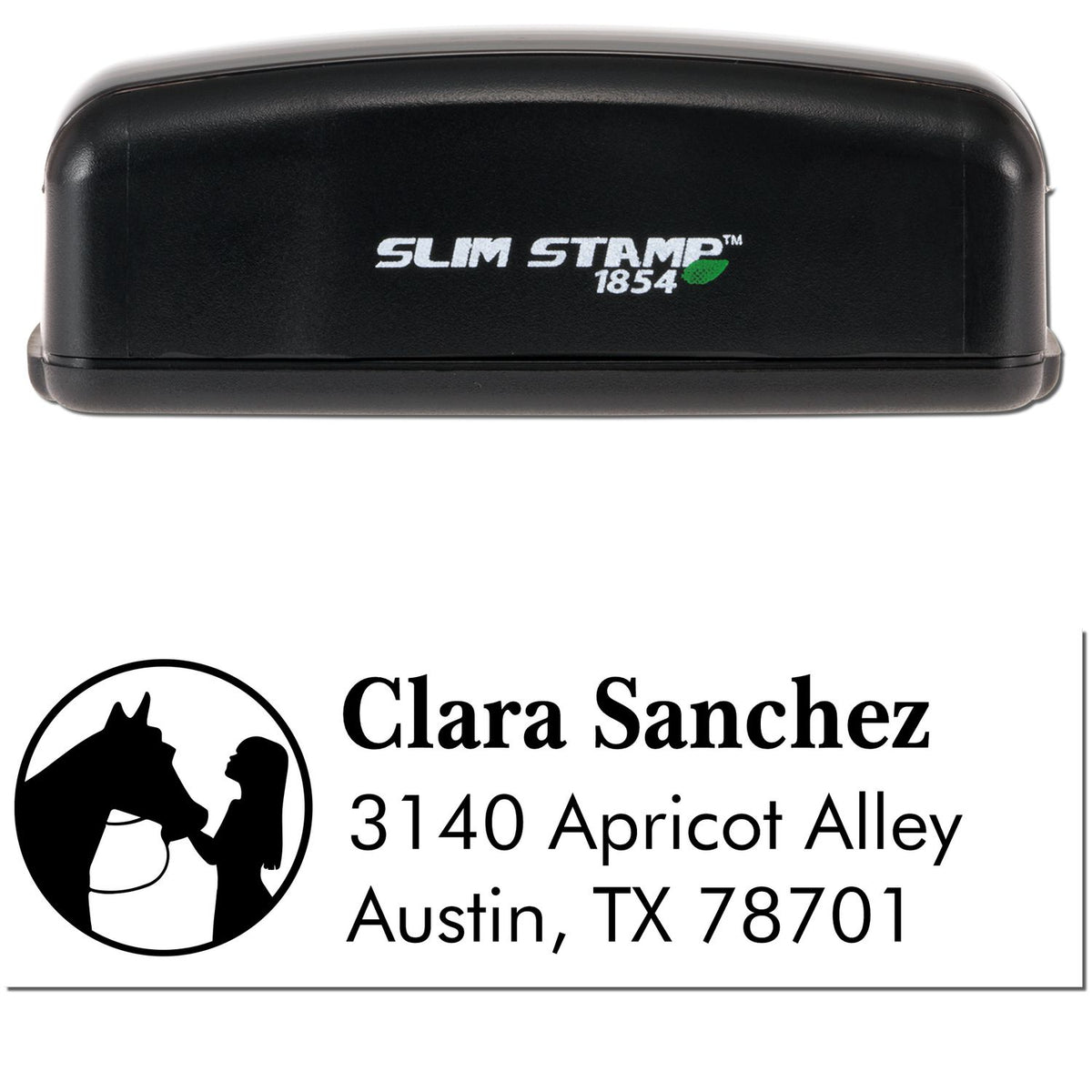 Black Slim Stamp 1854 self-inking stamp with custom seal, horse-and-woman logo, Clara Sanchez address imprint.