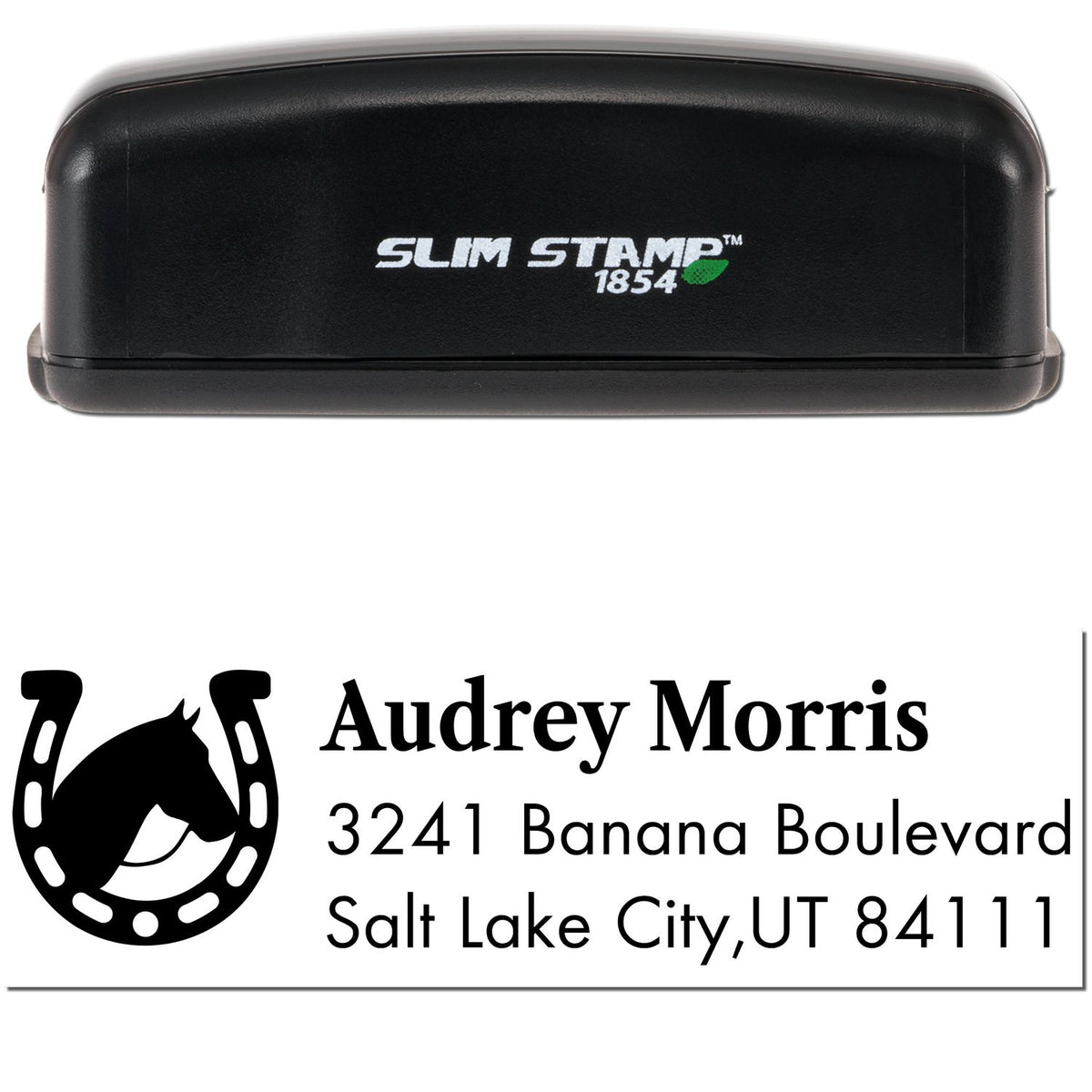 Black Slim Stamp 1854 self-inking stamp and custom black address seal with horseshoe logo, Audrey Morris address.