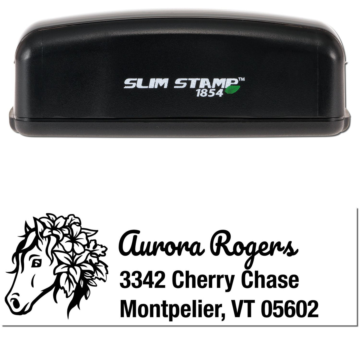 Black Slim Stamp 1854 self-inking stamp with custom horse-and-flower address seal for Aurora Rogers, Montpelier VT.