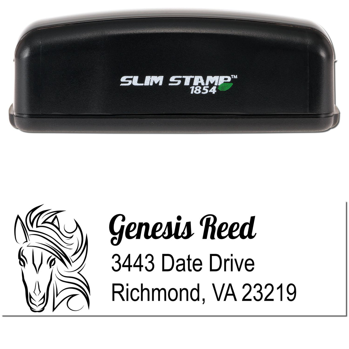 Black Slim Stamp 1854 custom address stamp and seal with horse logo, Genesis Reed, Richmond VA in black on white