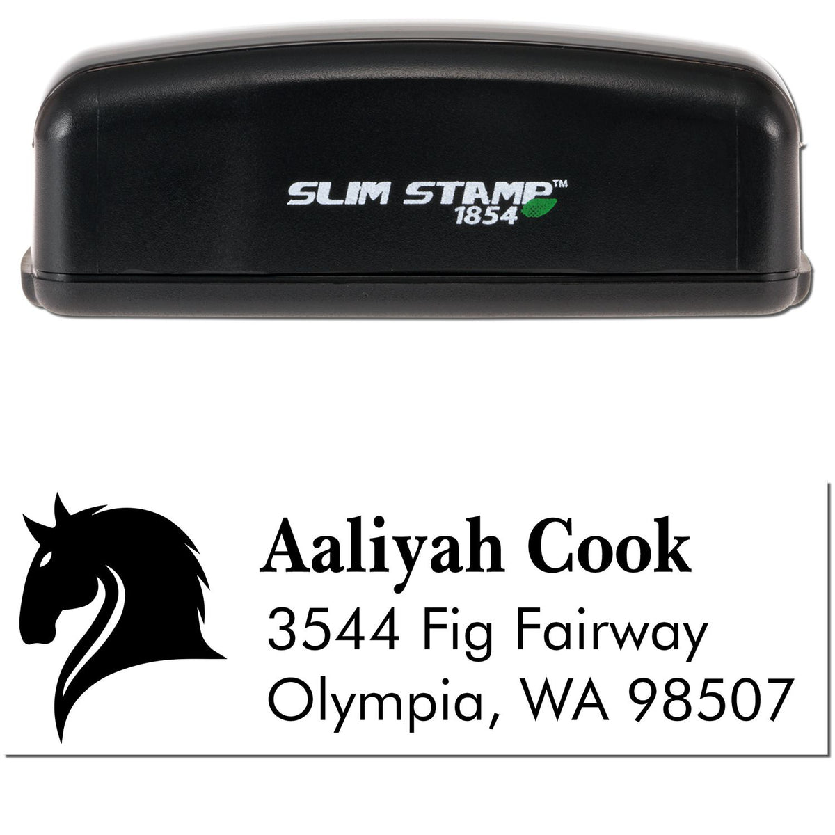 Black Slim Stamp 1854 self-inking stamp and seal with horse logo and Aaliyah Cook address, Olympia, WA