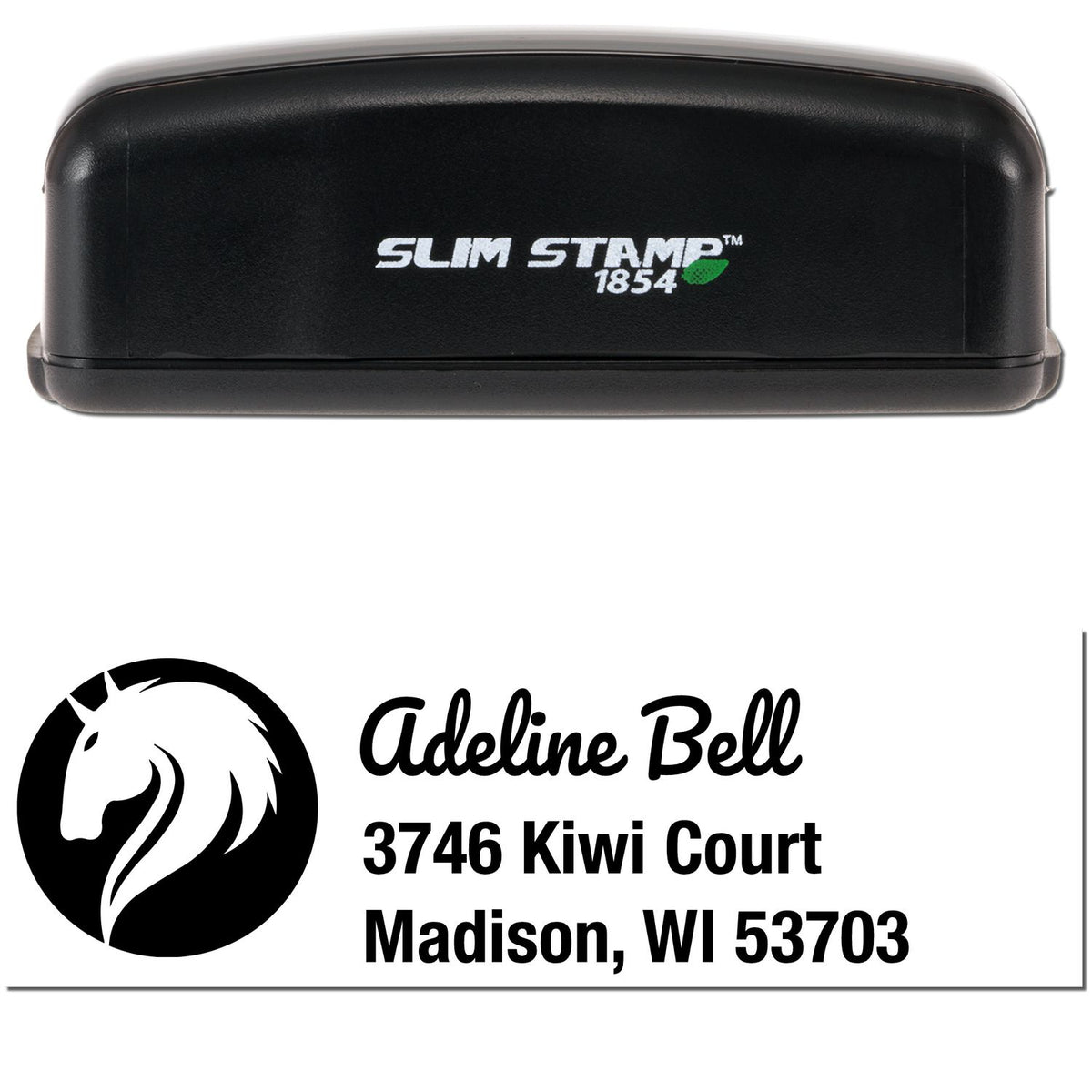 Black Slim Stamp 1854 self-inking stamp with custom seal for Adeline Bell, featuring a horse logo and black address text.