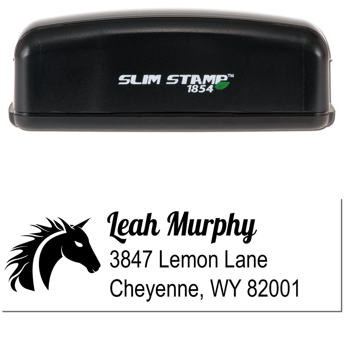 Black Slim Stamp 1854 self-inking address stamp with horse logo, Leah Murphy, and Cheyenne, WY 82001 in black text.