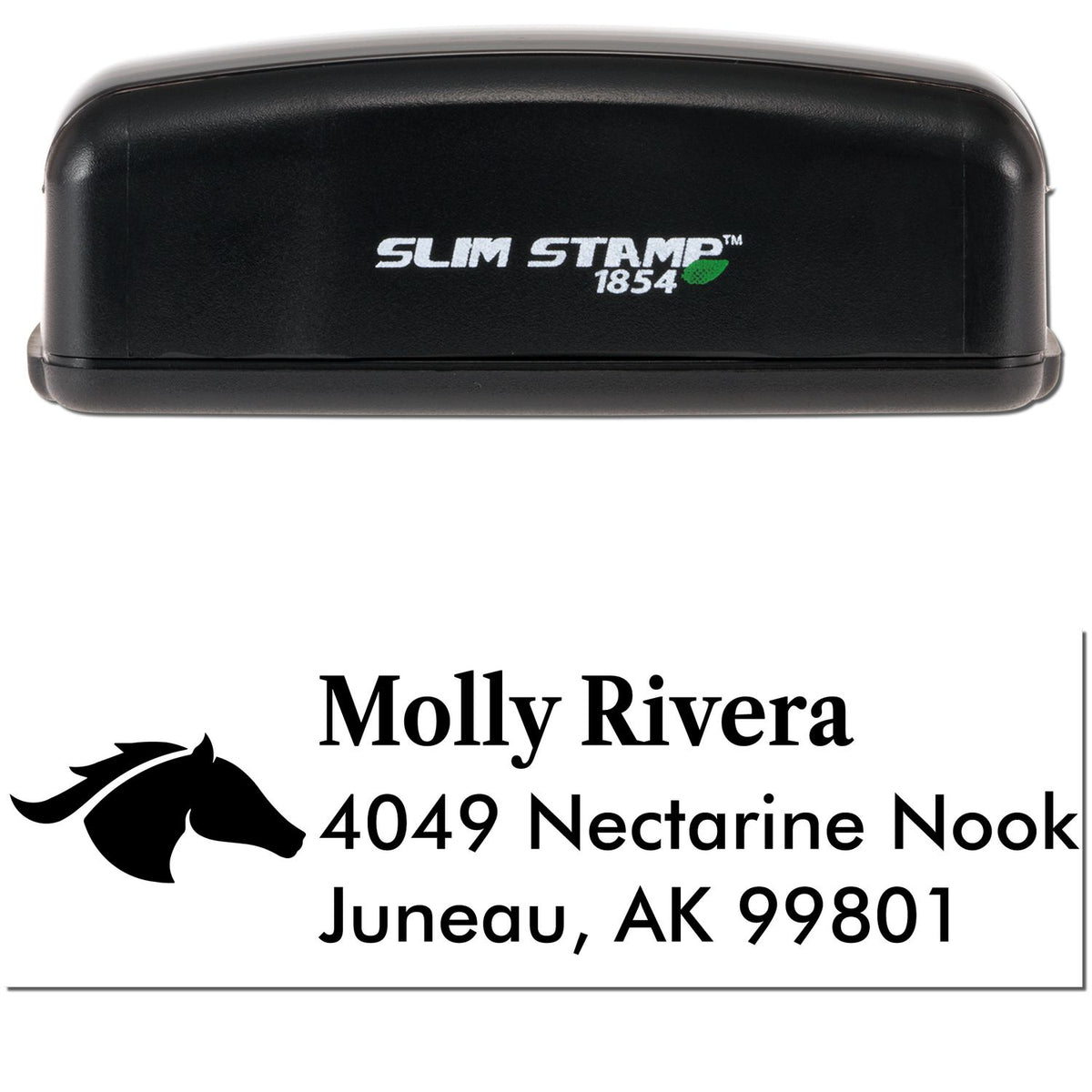 Black Slim Stamp 1854 self-inking stamp with custom horse logo and address seal for Molly Rivera, Juneau, AK 99801.