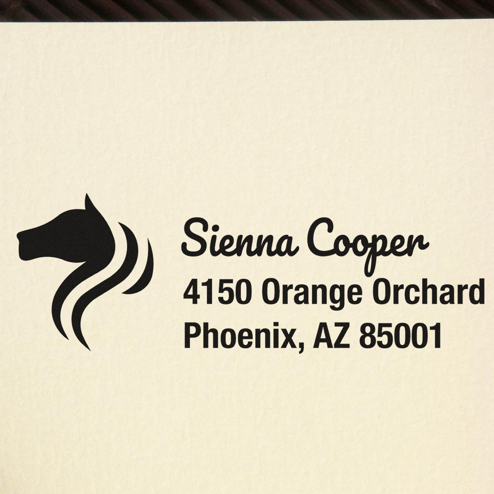 Black custom rubber stamp and seal with horse head logo and Sienna Cooper address on cream background