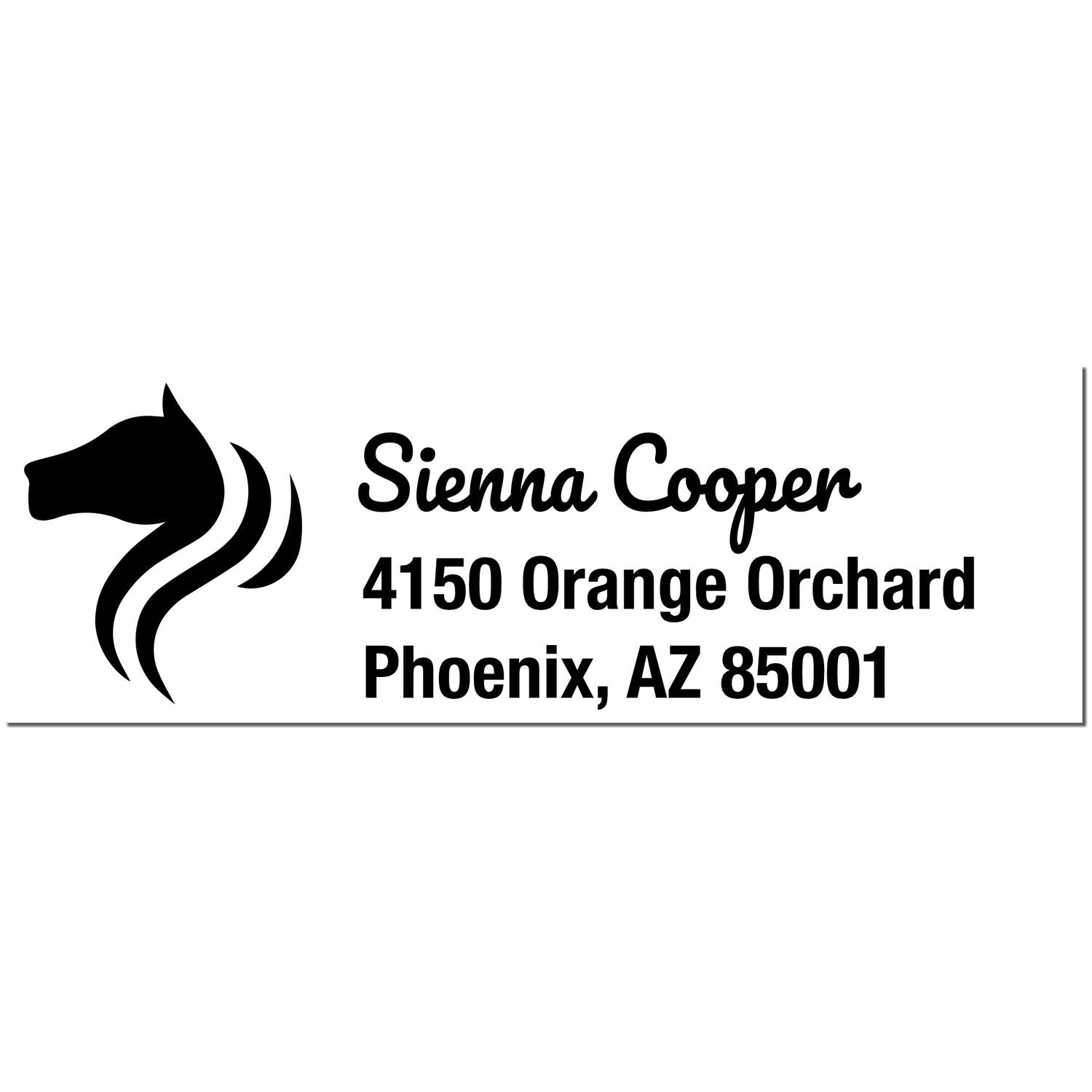 Black custom stamp and seal with horse-head logo, Sienna Cooper name, and Phoenix, AZ address on white background