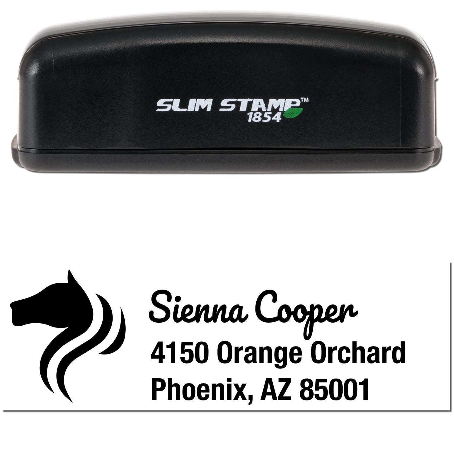 Black Slim Stamp 1854 custom return address stamp and seal with horse logo, Sienna Cooper, Phoenix AZ 85001