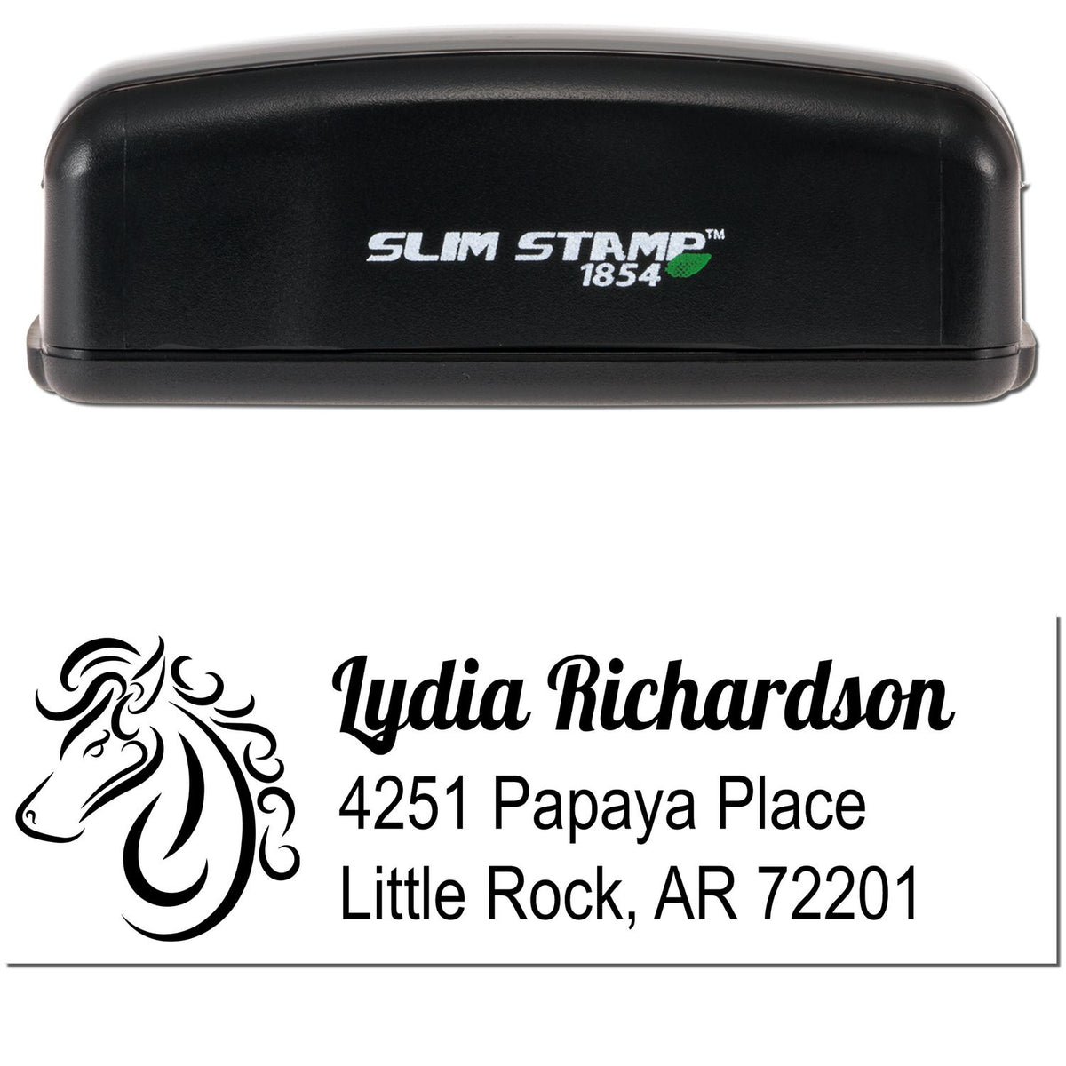 Black Slim Stamp 1854 self-inking address seal with horse logo, Lydia Richardson, Little Rock, AR 72201