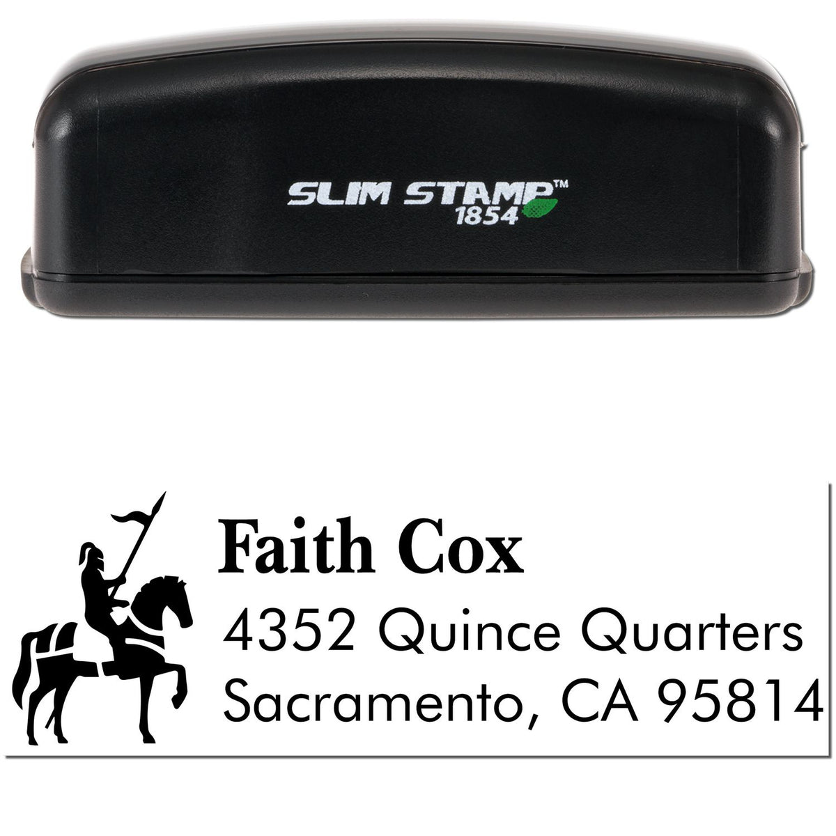 Black Slim Stamp 1854 custom address stamp with horse rider logo and white text for Faith Cox, Sacramento, CA 95814