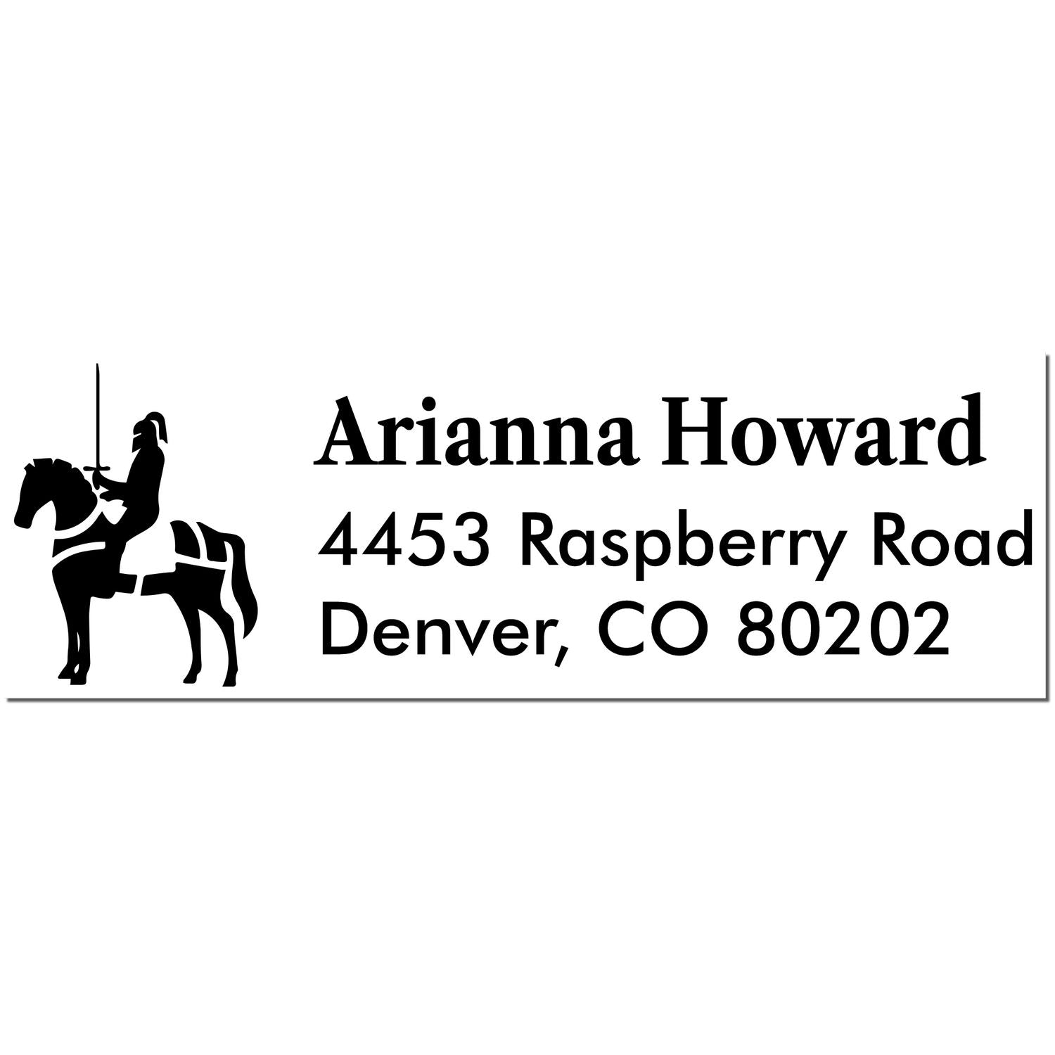 Black return address stamp with horse-and-rider silhouette, Arianna Howard, 4453 Raspberry Road, Denver, CO 80202.