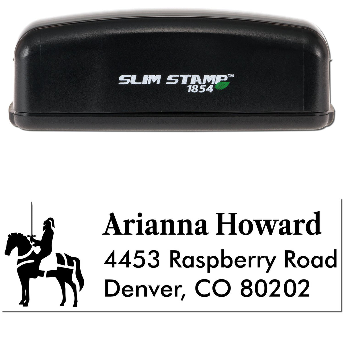 Black Slim Stamp 1854 self-inking stamp and seal with equestrian logo, white text, and custom name and Denver address.