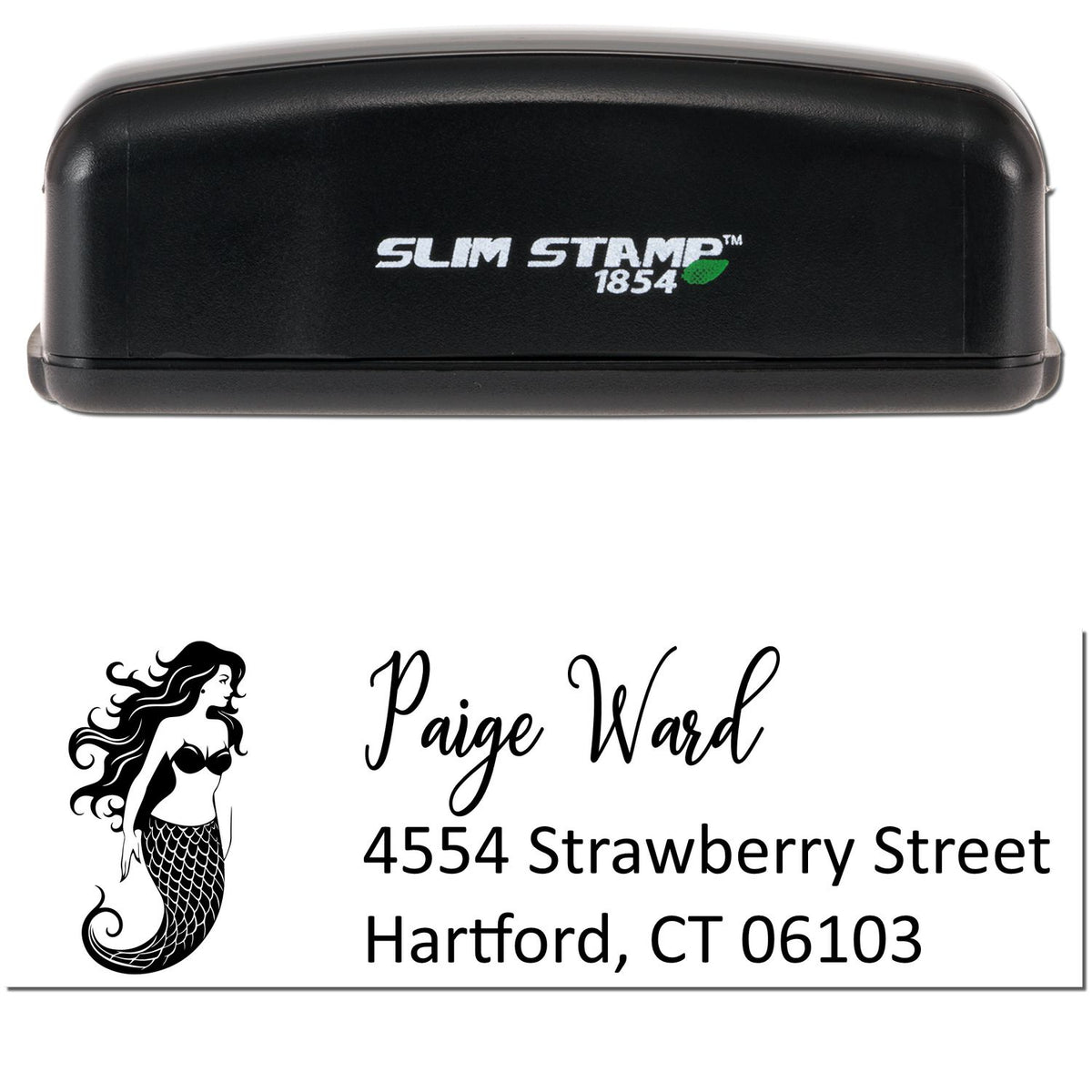 Black Slim Stamp 1854 custom return address stamp with mermaid seal design, Paige Ward, Hartford CT 06103.