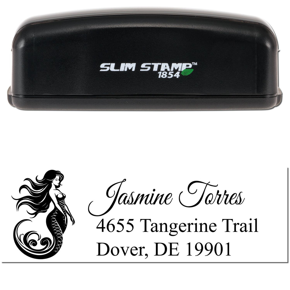 Black Slim Stamp 1854 address stamp and mermaid seal for Jasmine Torres, Dover, DE 19901