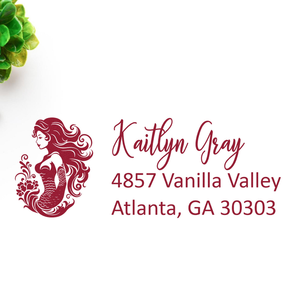 Maroon mermaid address stamp and seal with Kaitlyn Gray, 4857 Vanilla Valley, Atlanta, GA 30303 on white.