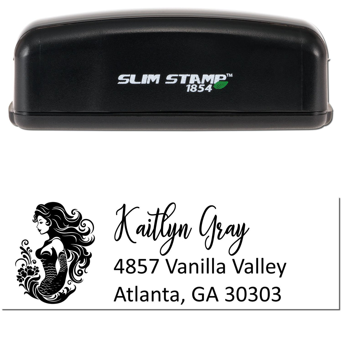 Black Slim Stamp 1854 self-inking stamp with personalized mermaid seal and black address text on white background.