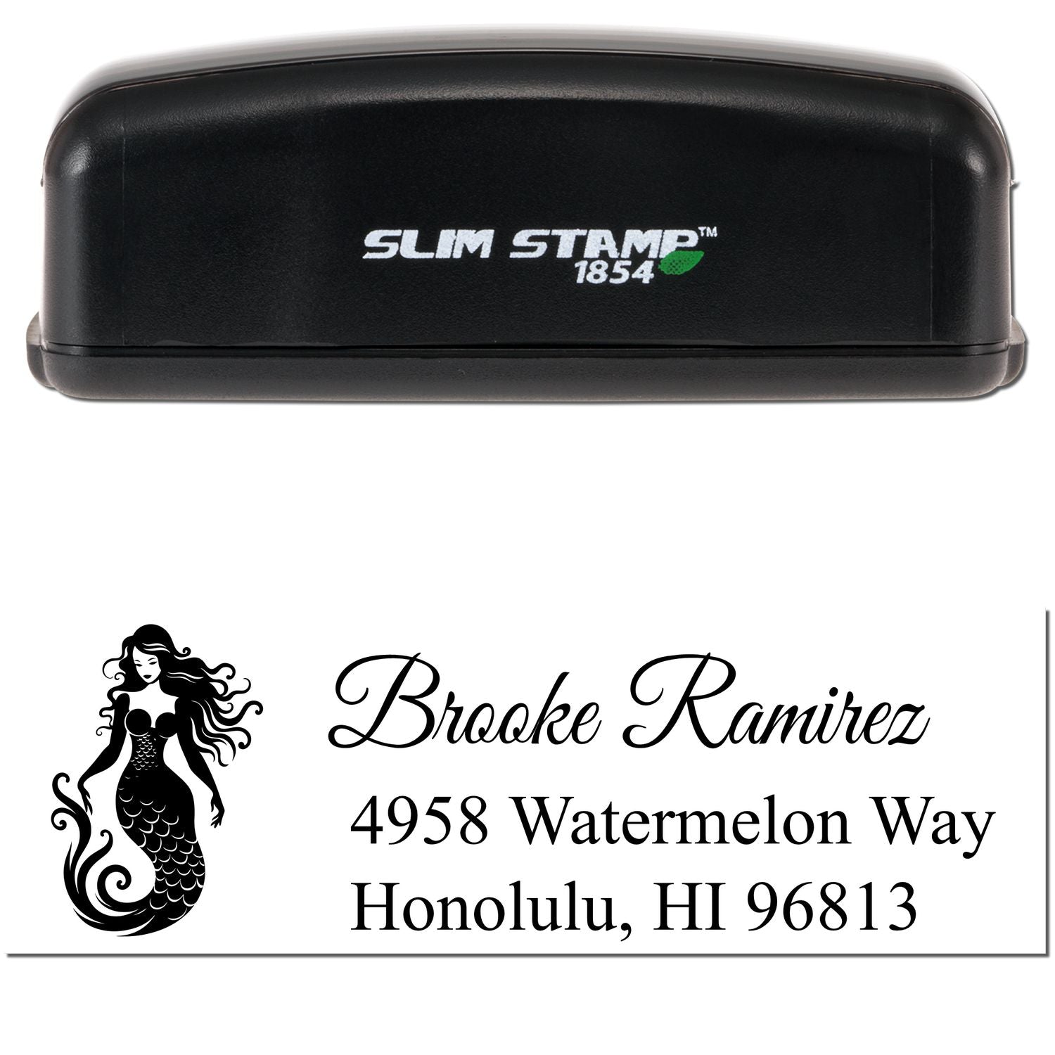 Black Slim Stamp 1854 self-inking stamp with black mermaid return address seal on white background.