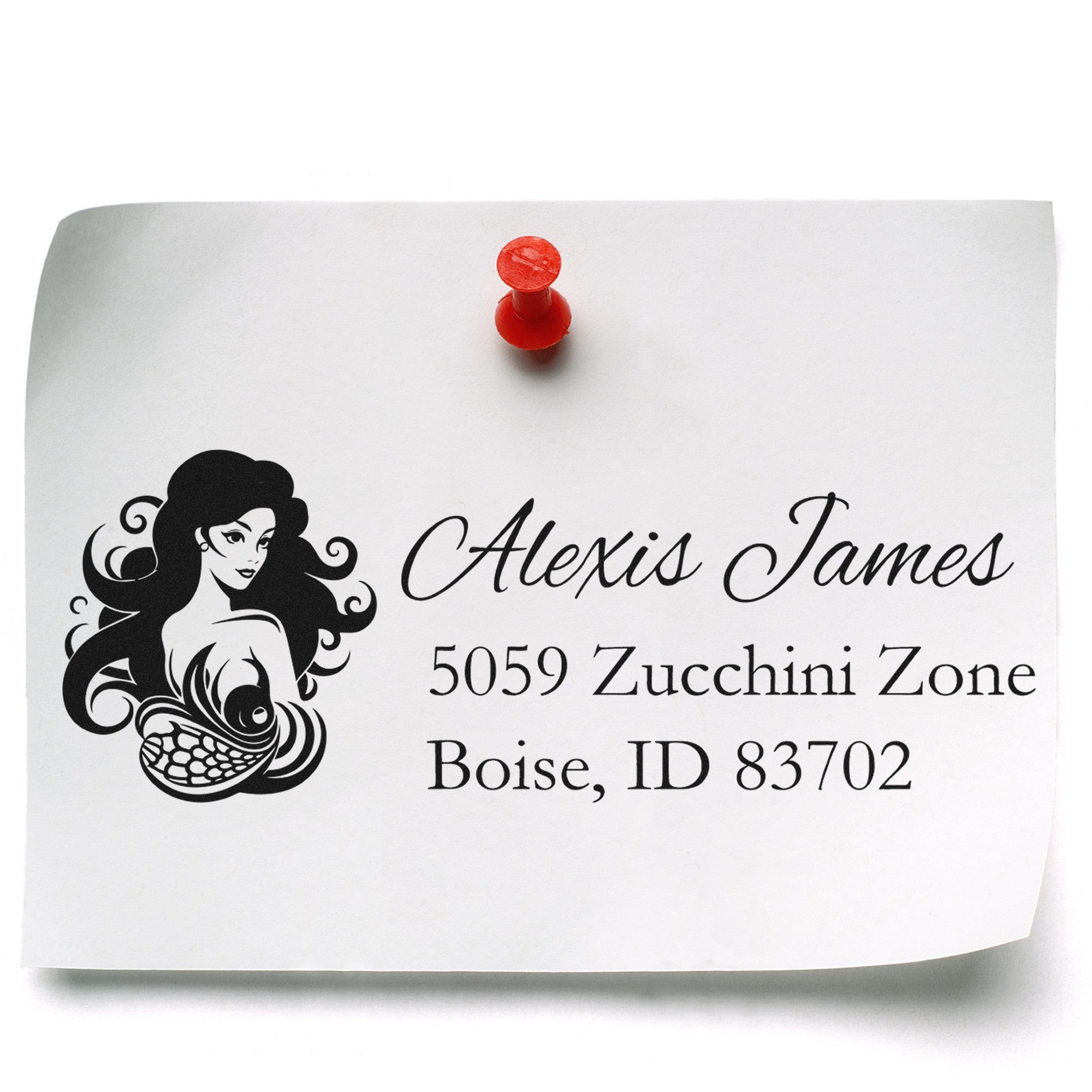 White custom stamp and seal label with black script text, woman logo, and red push pin on white paper.