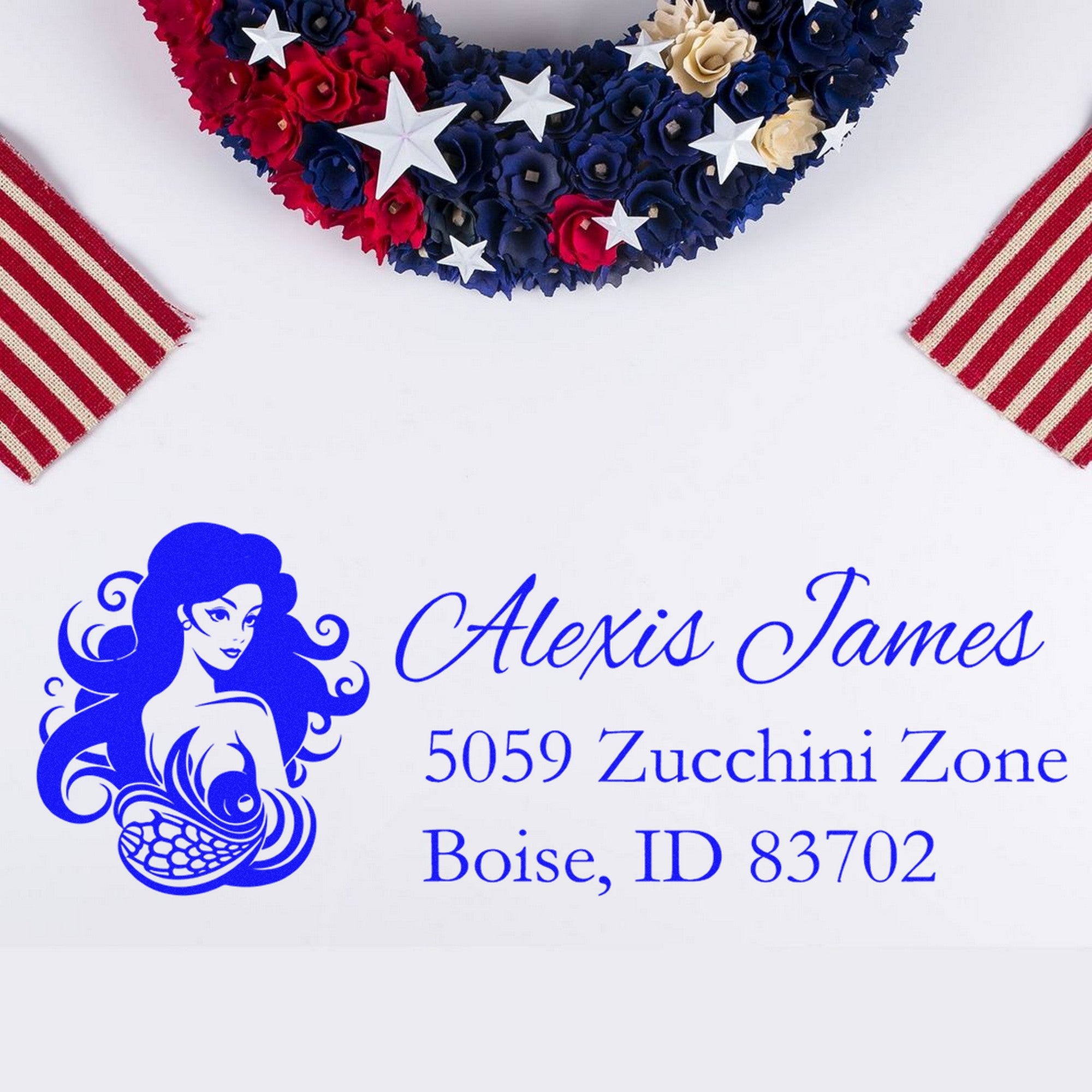 Patriotic floral wreath stamp and custom blue mermaid address seal, with red, white, navy and striped ribbon accents