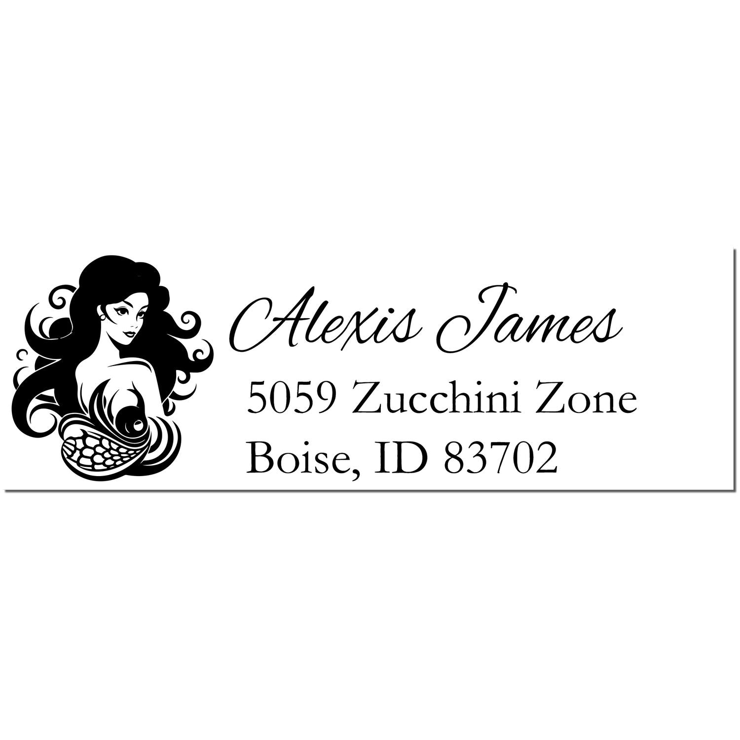 Black mermaid custom address stamp and seal for Alexis James, 5059 Zucchini Zone, Boise, ID 83702.