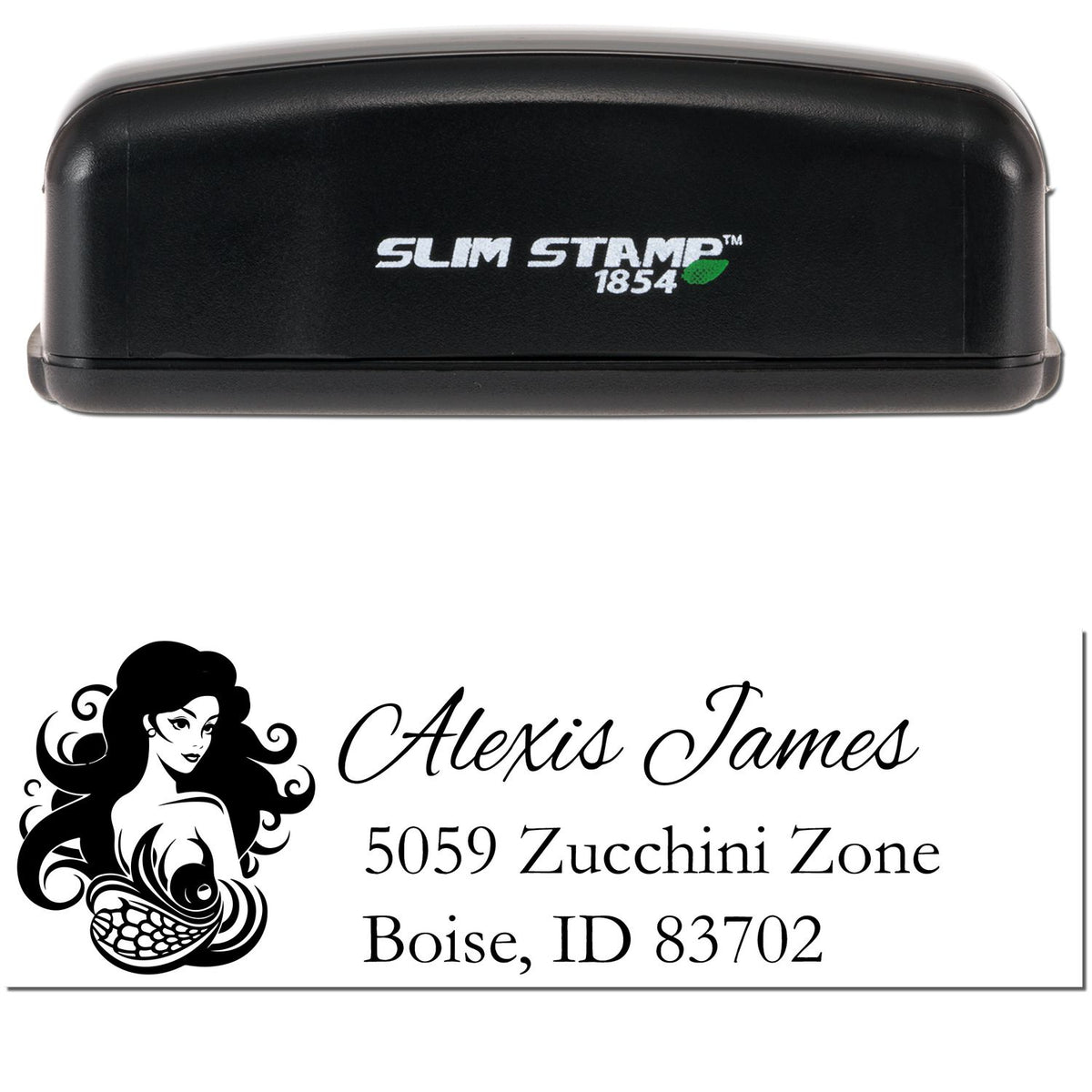 Black Slim Stamp 1854 self-inking stamp with custom seal, woman logo, and Alexis James address in black.
