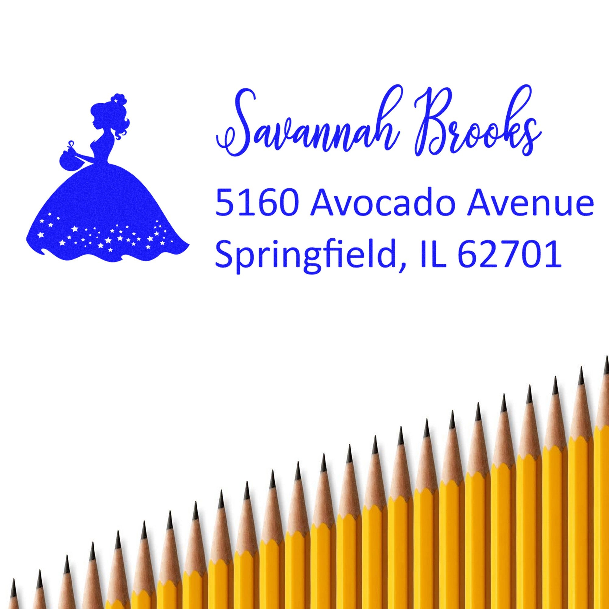 Blue custom stamp seal with princess silhouette for Savannah Brooks, 5160 Avocado Avenue, Springfield, IL 62701, on white with pencils