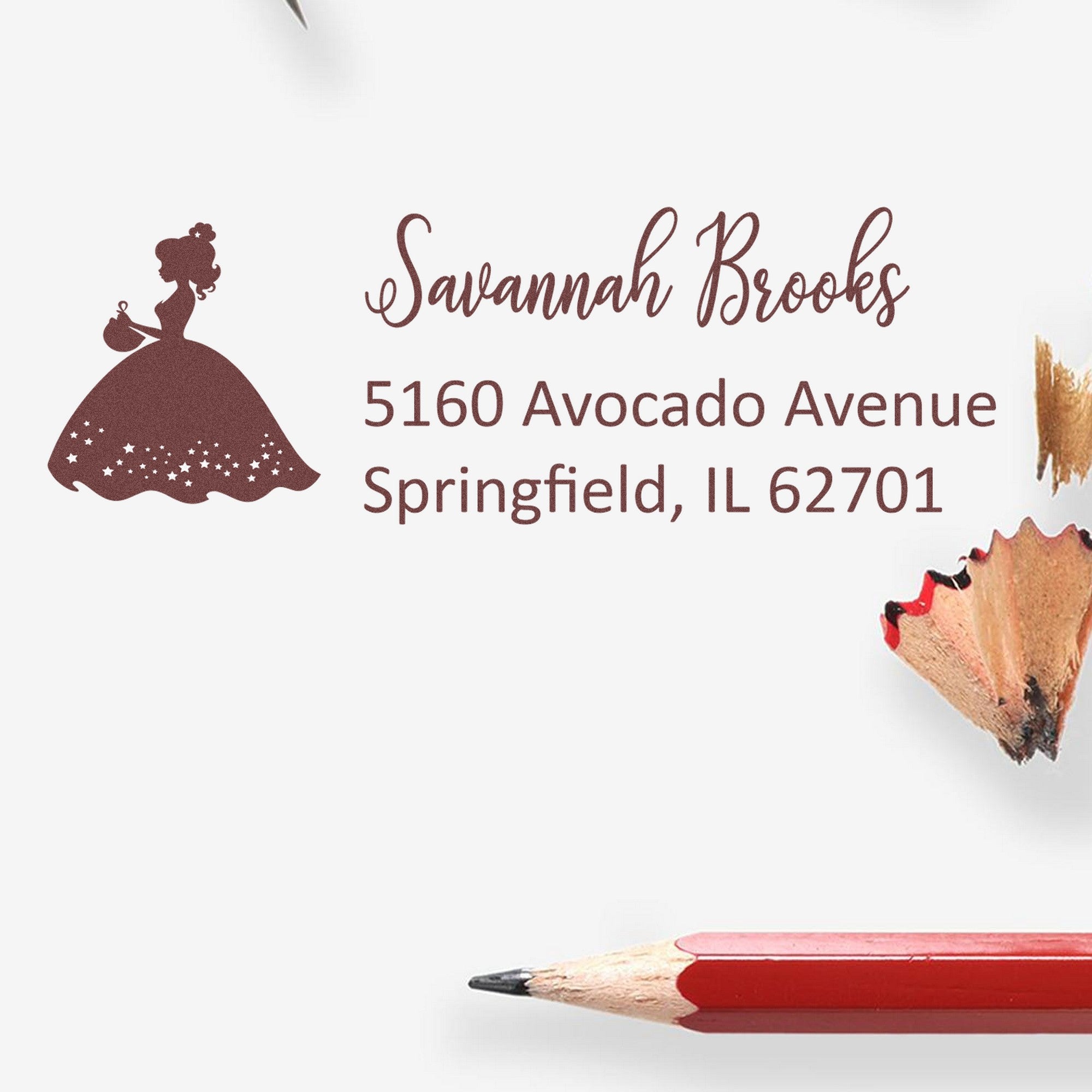 Brown custom stamp seal with girl silhouette, Savannah Brooks name and address on white background with pencil accents