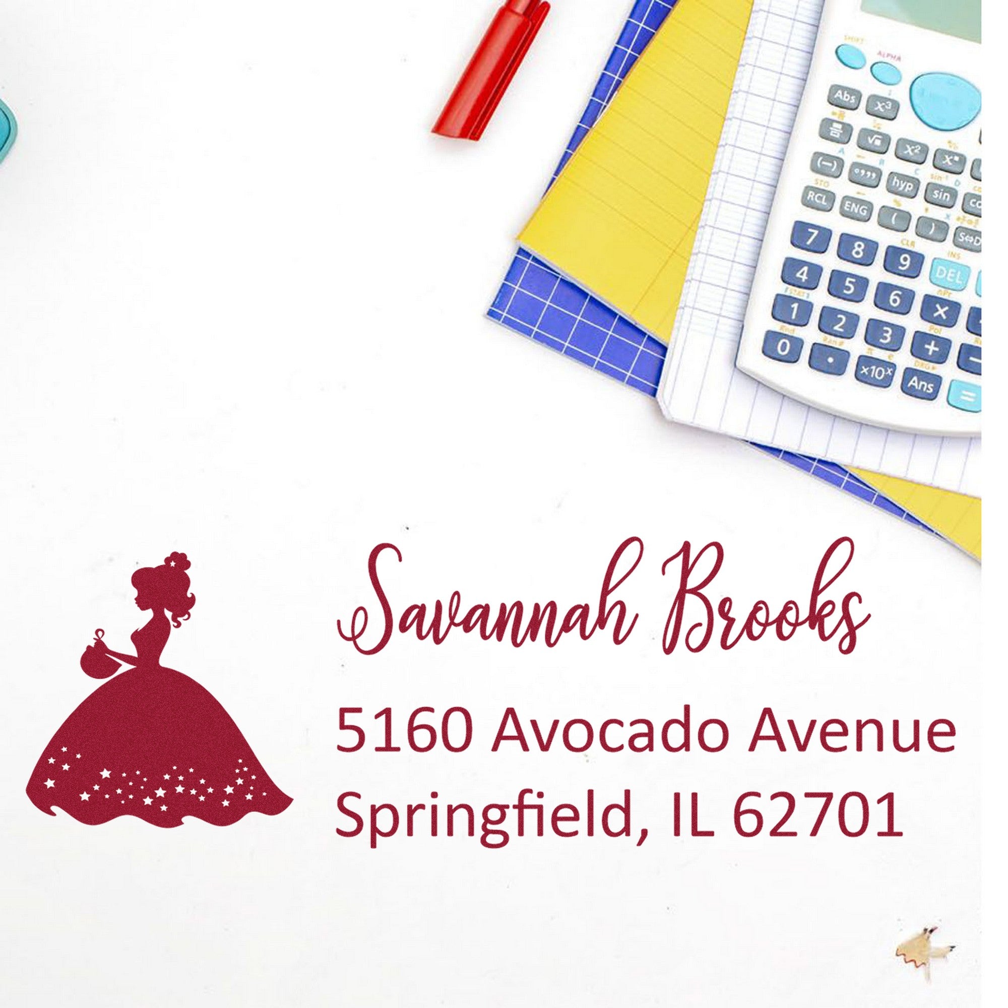 Burgundy custom return address stamp and seal with princess silhouette, Savannah Brooks, Springfield IL.