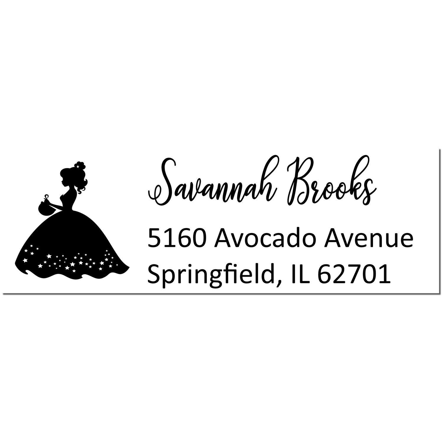 Black custom return address stamp with princess silhouette, Savannah Brooks, and Springfield, IL address in black on white.