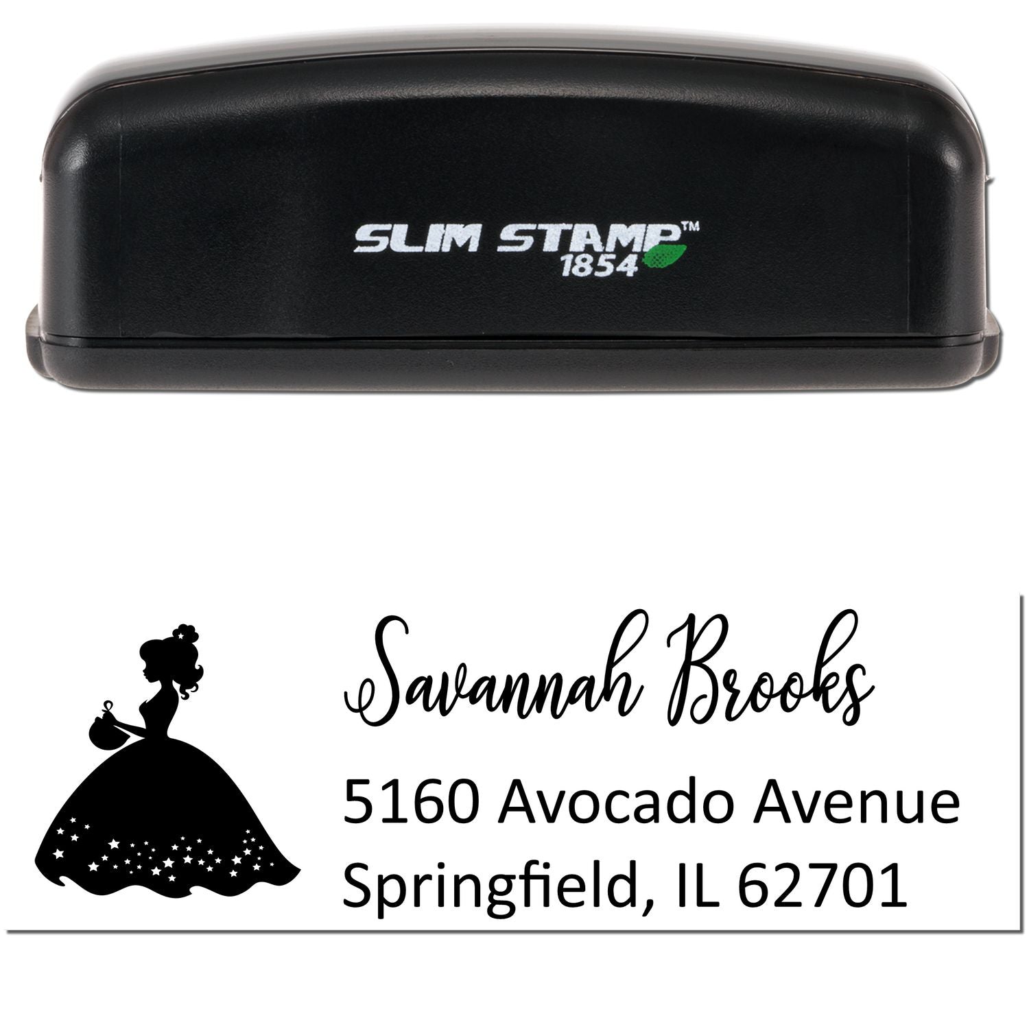 Black Slim Stamp 1854 self-inking stamp with custom seal for Savannah Brooks, black silhouette gown logo and address.