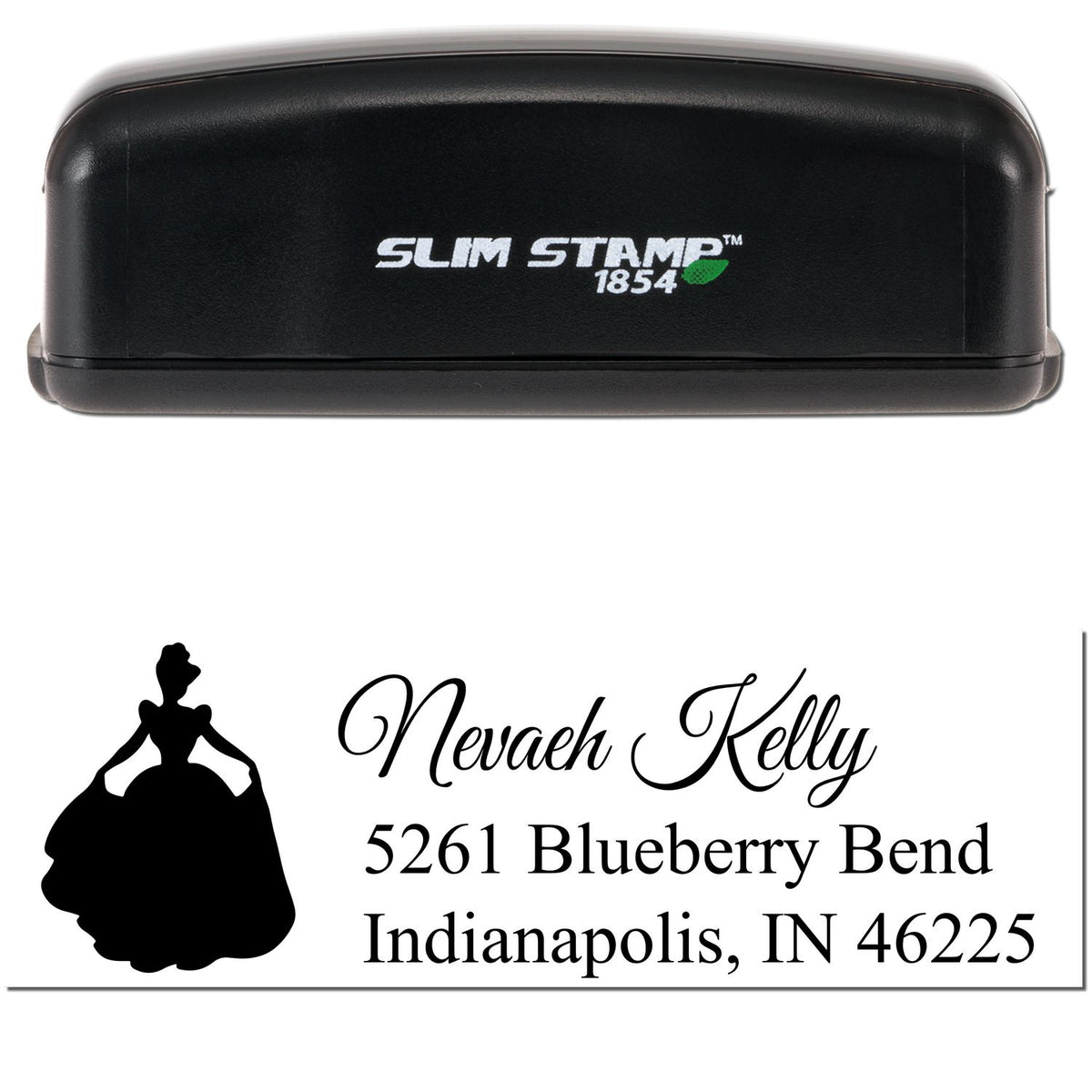 Black Slim Stamp 1854 self-inking stamp with custom seal, featuring a woman silhouette and black name-and-address imprint.